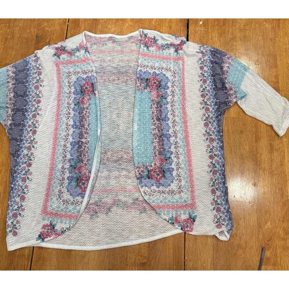 Women's Floral Open Front Cardigan Boho Knit 3/4 Sleeve Turquoise Pink XL